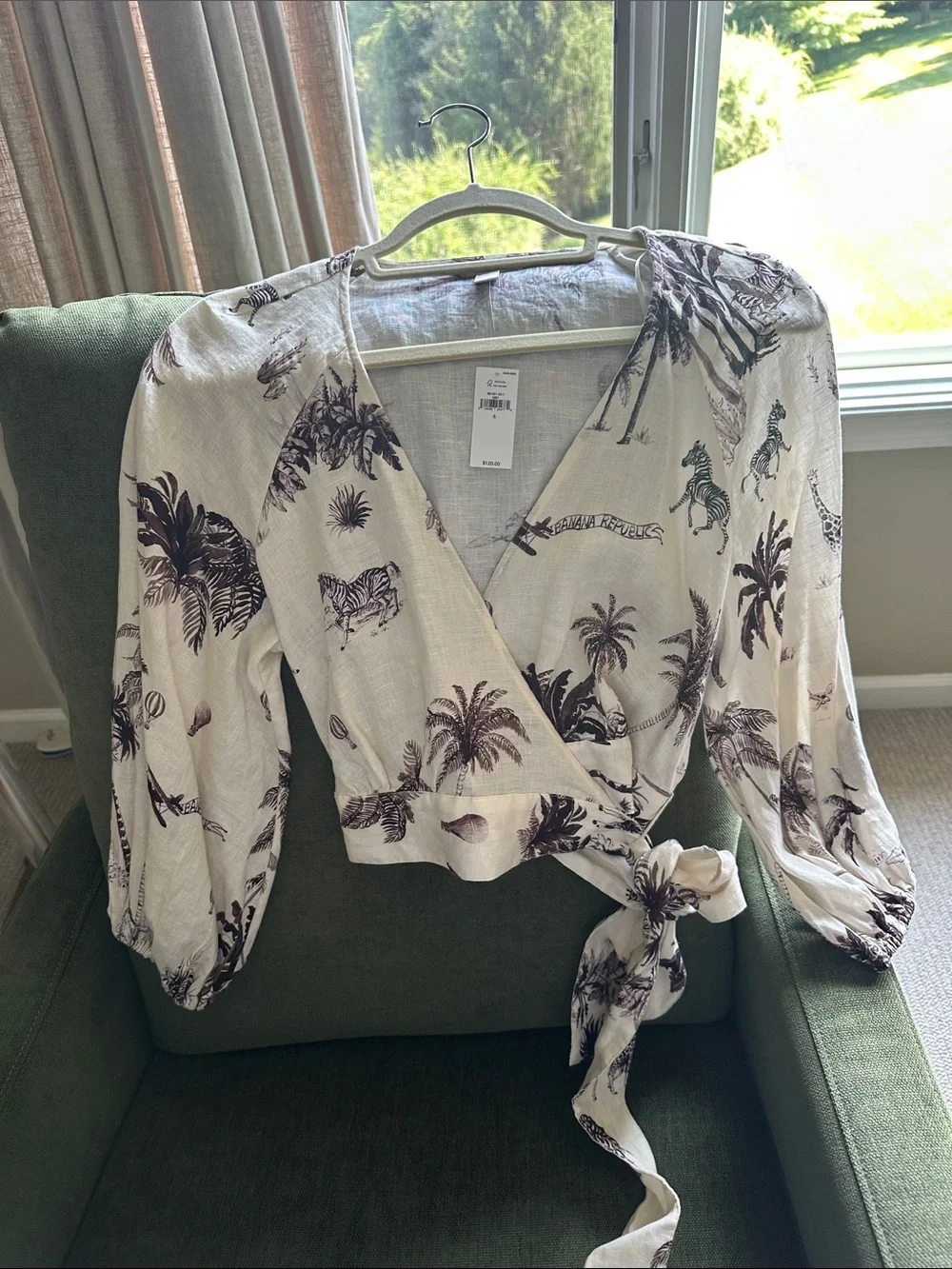 Banana Republic Cream and Brown Tropical Wrap Blouse
